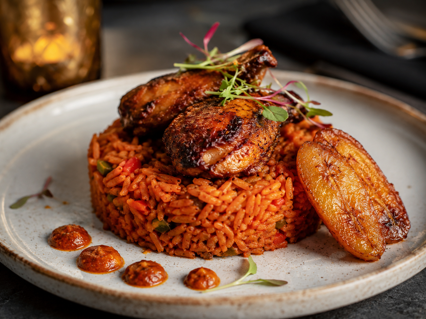 Gourmet Gray jollof rice with grilled chicken and plantain