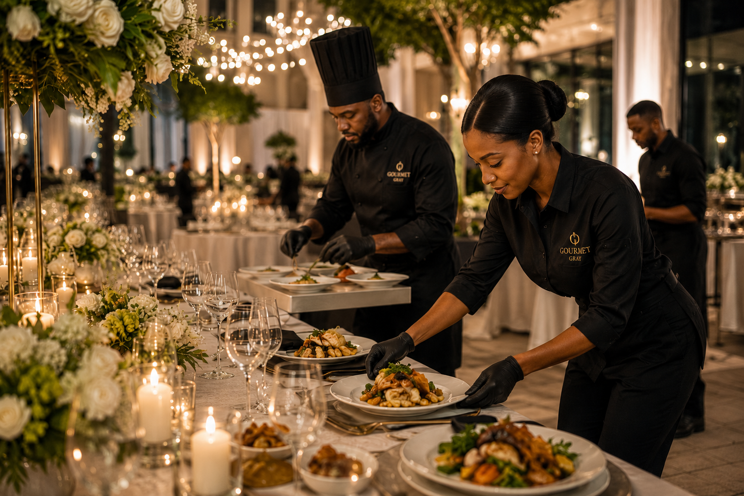 Gourmet Gray staff serving guests at an elegant catered event