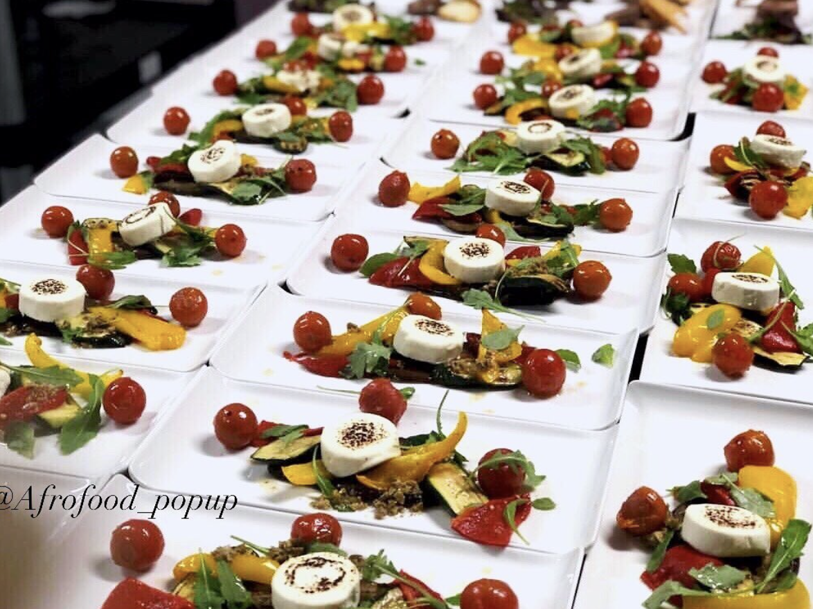 Afrofusion plated canapés on white square plates