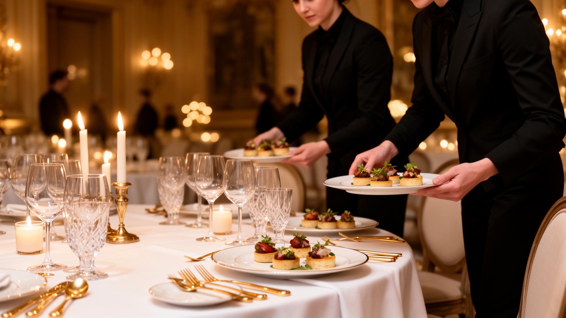 Professional Gourmet Gray catering staff serving canapés at an elegant event