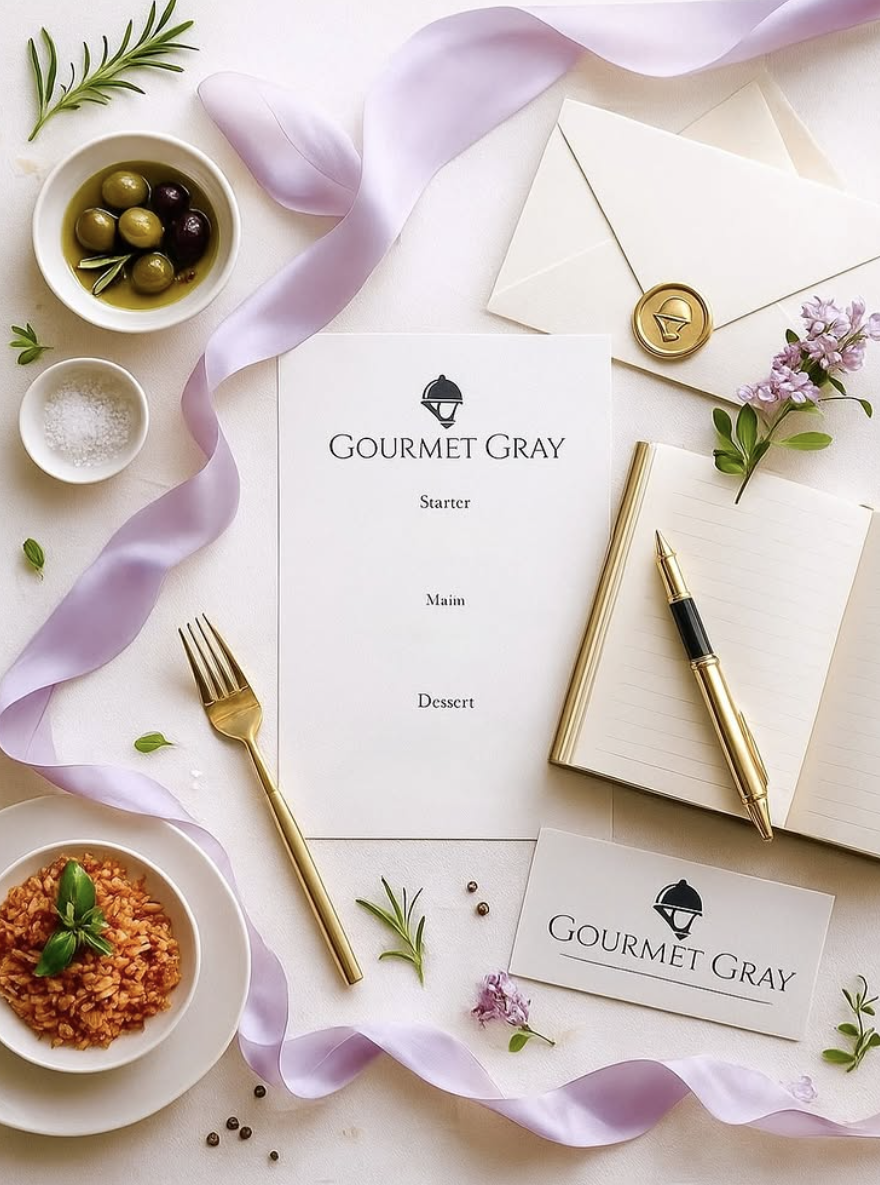 Gourmet Gray catering menu and styling flatlay